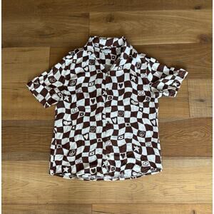 Earthbound Brown Checkered Symbol Print Oversized Button Down Shirt Sz M